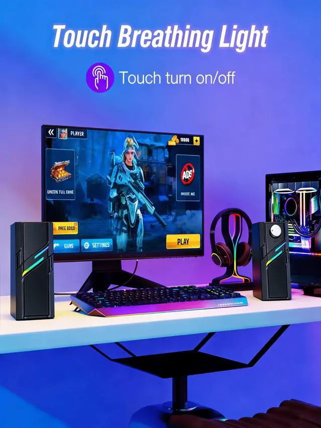 Alt view image 3 of 5 - Computer Speakers for Desktop PC with Easy Knob, Clear Powerful Sound, Touch Lights, Plug and Play for Computer Desktop PC, Monitors, Laptop (USB & AUX)