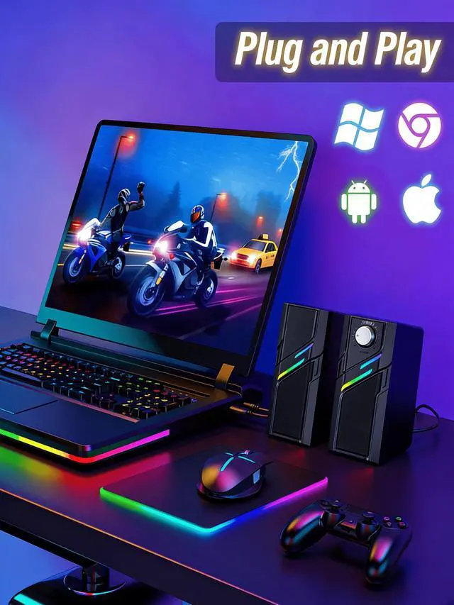 Alt view image 4 of 5 - Computer Speakers for Desktop PC with Easy Knob, Clear Powerful Sound, Touch Lights, Plug and Play for Computer Desktop PC, Monitors, Laptop (USB & AUX)