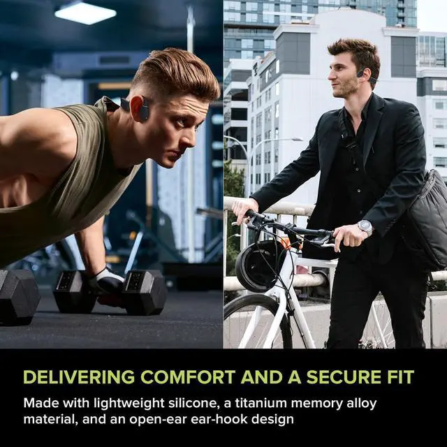 Alt view image 3 of 7 - Outlier Free+ Wireless Bone Conduction Headphones with Adjustable Transducers, IPX5 Sweat and Splash Resistance, Multipoint connectivity, Up to 10 Hours of Battery Life (Grey and Lime Green)