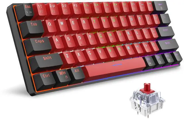 Main image of 60% Wired Mechanical Keyboard, Mini Gaming Keyboard with 61 Keys for PC, Windows XP, Win 7, Win 10 (Black-Red, Red Switches)