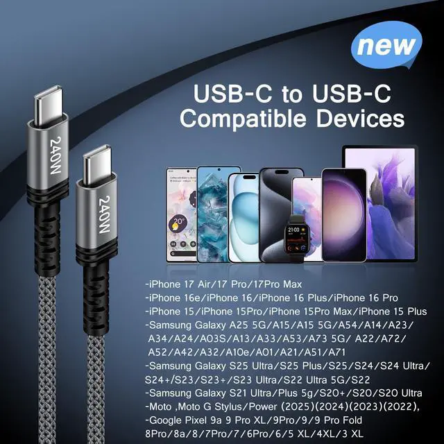 Alt view image 7 of 7 - 240W USB C Cable Fast Charging for iPhone 17 Air 17 Pro 17 Pro Max 16 Plus 16 15 Pro,3FT Carplay Car USBC to USBC Cord Android Phone Woven Cable for Samsung Galaxy S26/S26 Ultra/S26+/S25 Ultra S24 S23