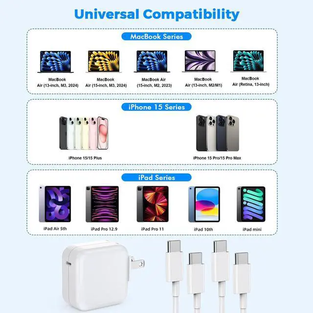 Alt view image 7 of 7 - USB C Charger for MacBook Air MacBook Pro 13 14 15 16 inch,M1 M2 M3 Apple Laptop Charge,2Pack 30W USBC Power Adapter,Compatible with iPhone 17/16/15 Pro Max,10FT Extra Long Cable Mac Book Pro,iPad Pro