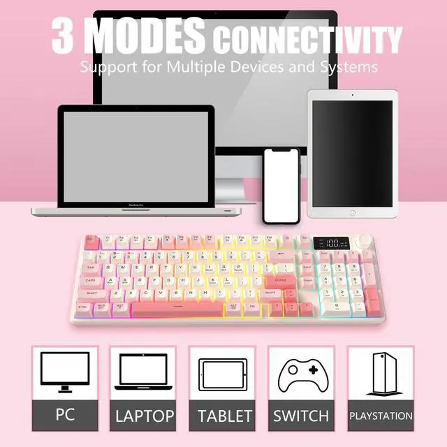 Alt view image 6 of 7 - Wireless Keyboard, Quiet Keyboard for Work, Creamy Keyboard with Number Pad, RGB Gaming Keyboard, Tri-Mode BT5.0/2.4GHz/USB-C, 98 Keys, for PC, Mac, Gaming Console