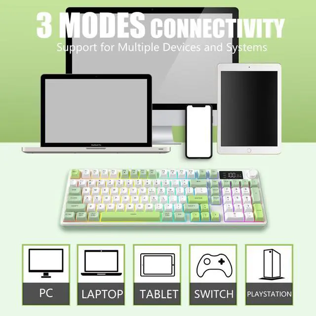 Alt view image 6 of 7 - Wireless Keyboard, Quiet Keyboard for Work, Creamy Keyboard with Number Pad, RGB Gaming Keyboard, Tri-Mode BT5.0/2.4GHz/USB-C, 98 Keys, for PC, Mac, Gaming Console