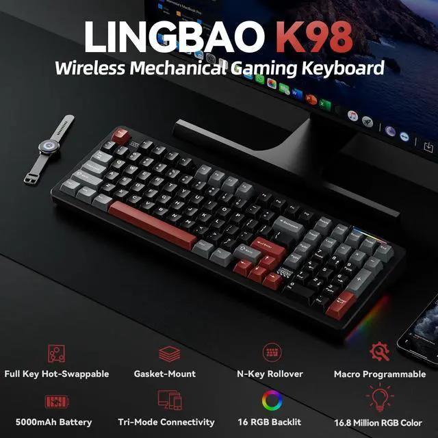 Alt view image 2 of 7 - K98 Wireless Mechanical Gaming Keyboard, Tri-Mode BT5.0/2.4GHz/USB-C, Gasket Custom Hot-Swappable Linear Switches Creamy Keyboard with Number Pad, RGB Backlit Gaming Keyboard for PC Laptop
