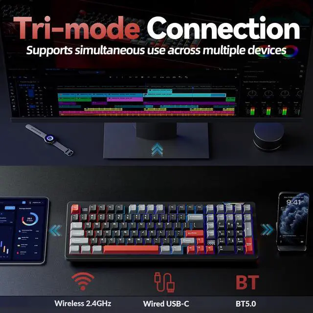 Alt view image 3 of 7 - K98 Wireless Mechanical Gaming Keyboard, Tri-Mode BT5.0/2.4GHz/USB-C, Gasket Custom Hot-Swappable Linear Switches Creamy Keyboard with Number Pad, RGB Backlit Gaming Keyboard for PC Laptop