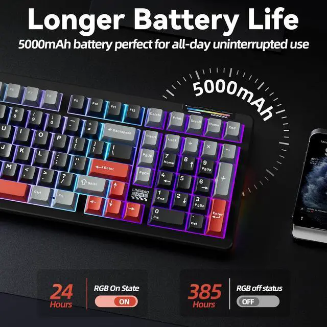 Alt view image 4 of 7 - K98 Wireless Mechanical Gaming Keyboard, Tri-Mode BT5.0/2.4GHz/USB-C, Gasket Custom Hot-Swappable Linear Switches Creamy Keyboard with Number Pad, RGB Backlit Gaming Keyboard for PC Laptop