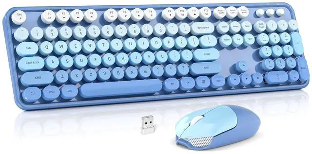 Main image of Wireless Keyboard and Mouse Combo, Full Size Typewriter Retro Round Computer Keyboard, Cute Optical Mouse Wireless, Plug and Play, for Laptop, PC, Computer-Blue Gradient