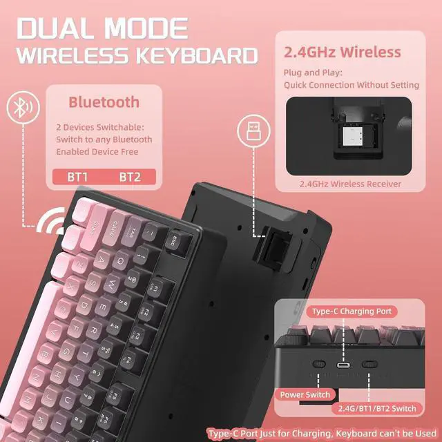 Alt view image 3 of 7 - M96 Wireless Gaming Keyboard Creamy Membrane with Rainbow Backlight,Media Knob,LCD Screen,Dual Mode-Bluetooth/2.4Ghz,Ball Shape PBT Keycap 94 Key ANSI Layout for Win Mac PC Gamer(BlackBerry)