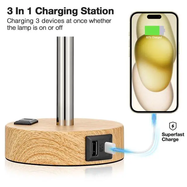 Alt view image 3 of 7 - Bedside Table Lamp for Bedroom - 3 Way Dimmable Touch Lamp USB C Charging Ports and AC Outlet, Small Lamp Wood Base Round Flaxen Fabric Shade for Living Room, Desk, LED Bulb Included