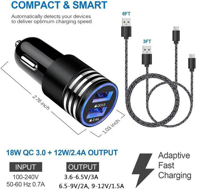 Alt view image 3 of 7 - Type C Charger Fast Charger for Samsung Galaxy S25 S24 S23 S22 S21 Z Flip7 Z Fold7 A17 A56 A36 A26 A16 A55 A35 A25 A15 A54 A14 A53 A13,Quick Charge 3.0 Car Charger Wall Adapter +3FT 6FT USB C Cable