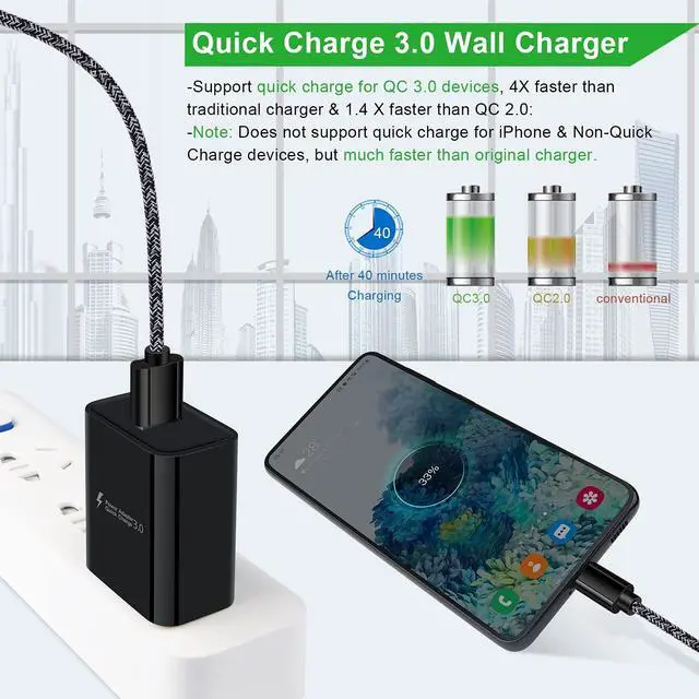 Alt view image 4 of 7 - Type C Charger Fast Charger for Samsung Galaxy S25 S24 S23 S22 S21 Z Flip7 Z Fold7 A17 A56 A36 A26 A16 A55 A35 A25 A15 A54 A14 A53 A13,Quick Charge 3.0 Car Charger Wall Adapter +3FT 6FT USB C Cable