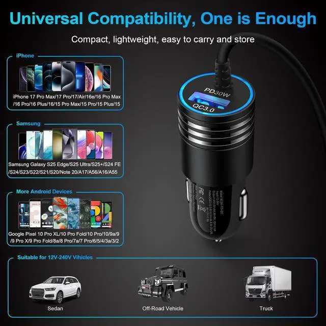 Alt view image 7 of 7 - 48W Super Fast USBC Type C 12V Car Charger Cell Phone Automobile Charger Cigarette Lighter Adapter with Built-in 3FT USB C Cable for iPhone 17 Pro Max Air 16e 16 15 Samsung Android Cargador Para Carro