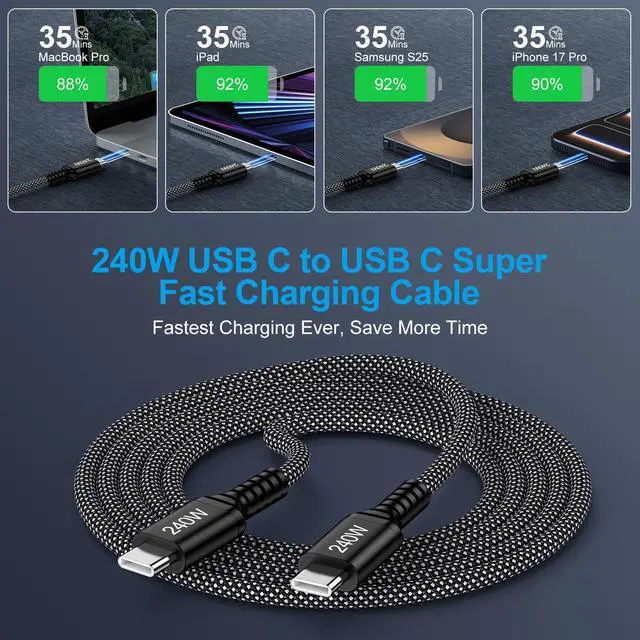 Alt view image 3 of 7 - for iPad Pro Charger Fast Charging Cord 240W 6FT 2Pack USB C to USB C Cable for iPad Pro 13/11 2025,12.9 5th/4th/3rd,11 inch 3rd/2nd,13 inch M4,iPad Air 5th/4th/13/11 M3 M2,iPad 10th/11th A16,Mini A17