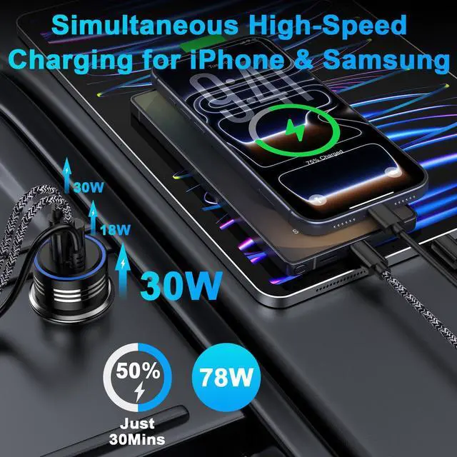 Alt view image 2 of 7 - USB C iPhone 17 Car Charger, 78W PD + QC 3-Port Type C Fast Car Charger Cigarette Lighter Adapter with Built-in Coiled USB C Fast Charging Cable for iPhone 17 Pro Max Air 16e 16 Pro Max 16Pro 15 Plus