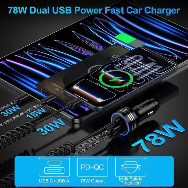Alt view image 3 of 7 - USB C iPhone 17 Car Charger, 78W PD + QC 3-Port Type C Fast Car Charger Cigarette Lighter Adapter with Built-in Coiled USB C Fast Charging Cable for iPhone 17 Pro Max Air 16e 16 Pro Max 16Pro 15 Plus