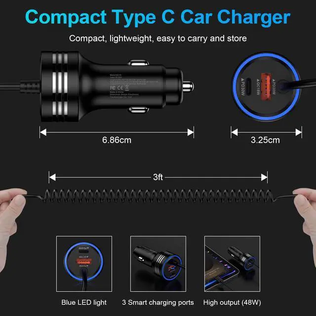 Alt view image 5 of 7 - USB C iPhone 17 Car Charger, 78W PD + QC 3-Port Type C Fast Car Charger Cigarette Lighter Adapter with Built-in Coiled USB C Fast Charging Cable for iPhone 17 Pro Max Air 16e 16 Pro Max 16Pro 15 Plus