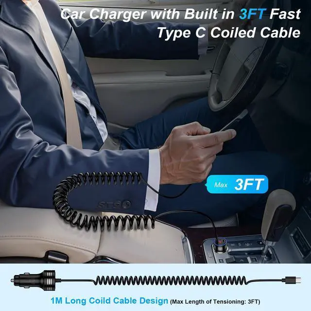 Alt view image 6 of 7 - USB C iPhone 17 Car Charger, 78W PD + QC 3-Port Type C Fast Car Charger Cigarette Lighter Adapter with Built-in Coiled USB C Fast Charging Cable for iPhone 17 Pro Max Air 16e 16 Pro Max 16Pro 15 Plus