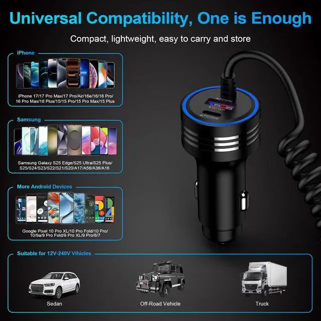 Alt view image 7 of 7 - USB C iPhone 17 Car Charger, 78W PD + QC 3-Port Type C Fast Car Charger Cigarette Lighter Adapter with Built-in Coiled USB C Fast Charging Cable for iPhone 17 Pro Max Air 16e 16 Pro Max 16Pro 15 Plus