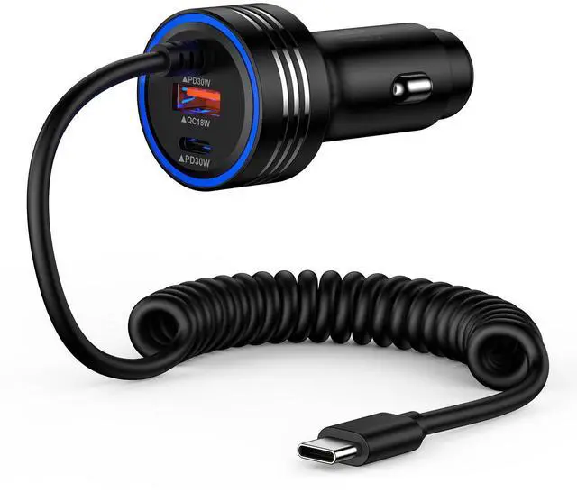 Main image of USB C iPhone 17 Car Charger, 78W PD + QC 3-Port Type C Fast Car Charger Cigarette Lighter Adapter with Built-in Coiled USB C Fast Charging Cable for iPhone 17 Pro Max Air 16e 16 Pro Max 16Pro 15 Plus