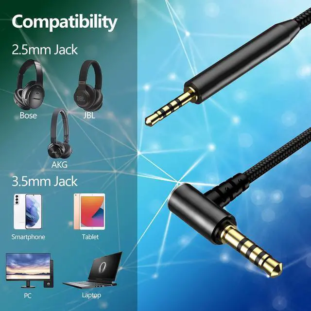 Alt view image 3 of 7 - Replacement for Bose Headphone Cord, 2.5mm to 3.5mm Audio Cable for Bose 700 QC25 QC35 QC35 II OE2 AE2, JBL E45BT E55BT E65BTNC, AKG Nylon Braided Wire with Inline Mic & Volume Control (1.5m, Black)