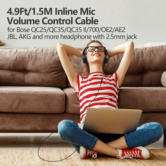 Alt view image 2 of 7 - Replacement for Bose Headphone Cord, 2.5mm to 3.5mm Audio Cable for Bose 700 QC25 QC35 QC35 II OE2 AE2, JBL E45BT E55BT E65BTNC, AKG Nylon Braided Wire with Inline Mic & Volume Control (1.5m, Black)