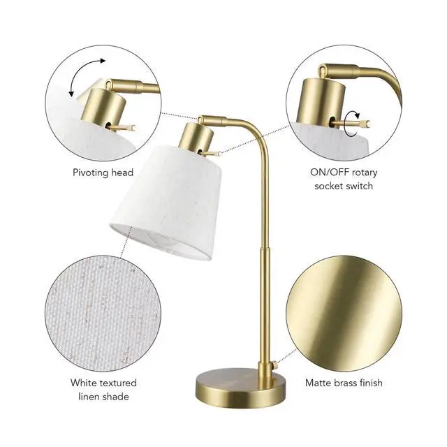 Alt view image 5 of 7 - 16" Desk Lamp, Matte Brass Finish, White Shade, Adjustable Pivot Joint, Rotary Switch on Socket, Modern Lighting for Bedroom or Office, Indoor Lights, E26 Base