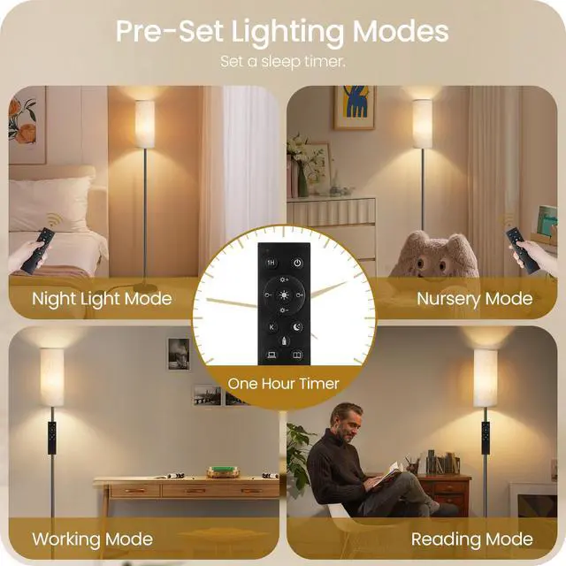 Alt view image 7 of 7 - 64.4 Dimmable Floor Lamp for Living Room with Remote and Foot Switch, Modern Standing Tall Lamp, Corner Floor Lamp for Bedroom, 10W 900LM LED Bulb Included, 3000K-6500K, Beige, FCC Listed