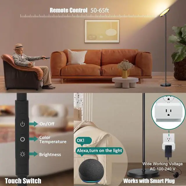 Alt view image 6 of 7 - Floor Lamp, Upgraded 40W 4000LM Super Bright Torchiere LED Floor Lamps for Living Room, Stepless Dimmable Color Temperature 2700K-6500K with Remote & Touch Control, Standing Light for Bedroom Office