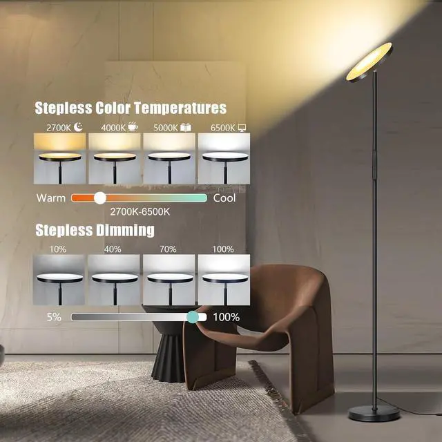 Alt view image 3 of 7 - Floor Lamp, Upgraded 40W 4000LM Super Bright Torchiere LED Floor Lamps for Living Room, Stepless Dimmable Color Temperature 2700K-6500K with Remote & Touch Control, Standing Light for Bedroom Office