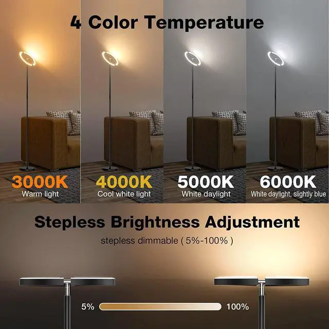 Alt view image 3 of 7 - LED Floor Lamp - Rotatable Standing Lamp with Touch & Remote Control, 3000-6000K, 22W Modern Floor Reading Light, Dimmable Corner Uplighter for Living Room Bedroom Office, Black