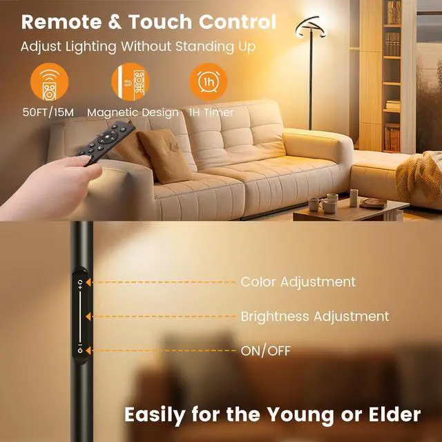 Alt view image 4 of 7 - LED Floor Lamp - Rotatable Standing Lamp with Touch & Remote Control, 3000-6000K, 22W Modern Floor Reading Light, Dimmable Corner Uplighter for Living Room Bedroom Office, Black