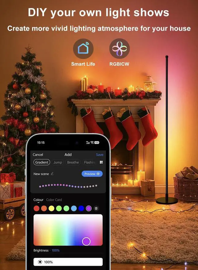 Alt view image 2 of 7 - Corner Floor Lamp, Smart RGBICW LED Corner Lamp with App and Remote Control, 16 Million DIY Colors, Music Sync, Modern LED Floor Lamp for Living Rooms, Bedrooms, and Gaming Rooms