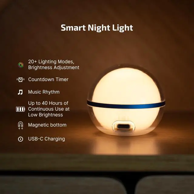 Alt view image 3 of 7 - Sphere C Smart Night Light, USB-C Rechargeable, Ambient Table Lamp with APP Control, 75 Lumens RGB Dimmable Bedside lamp, Portable for Parties, Camping, Decoration (Type-C Cable Excluded)