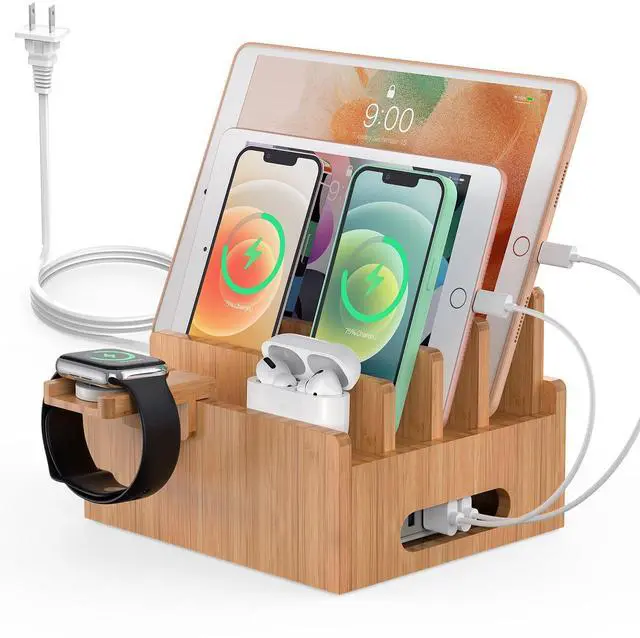 Main image of Bamboo Charging Station for Multiple Devices with 5 Port USB Charger, 5 Cables, Smart Watch & Earbuds Stand, Desk Docking Stations Electronic Organizer for Cell Phone, Tablet