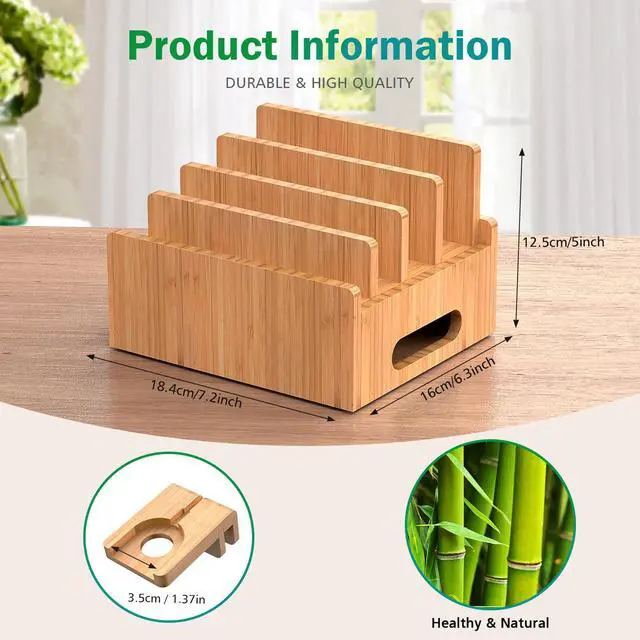 Alt view image 6 of 7 - Bamboo Charging Station for Multiple Devices with 5 Port USB Charger, 5 Cables, Smart Watch & Earbuds Stand, Desk Docking Stations Electronic Organizer for Cell Phone, Tablet
