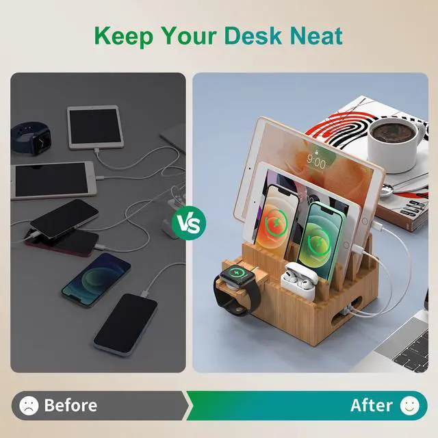 Alt view image 7 of 7 - Bamboo Charging Station for Multiple Devices with 5 Port USB Charger, 5 Cables, Smart Watch & Earbuds Stand, Desk Docking Stations Electronic Organizer for Cell Phone, Tablet