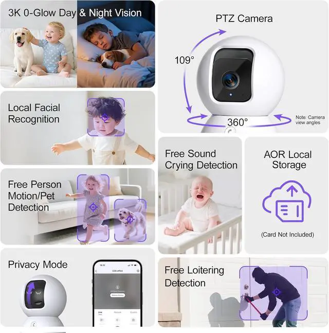 Alt view image 2 of 7 - 5G Security Camera Indoor 3-Pack, No-Monthly-Fee AI Tracking Facial Recognition, 3K Pet/Dog Camera with Speaker/Phone App, PTZ WiFi Baby Monitor Cameras for Home Security, 0-Glow Night Vision