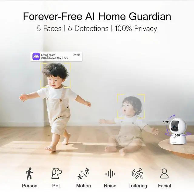 Alt view image 3 of 7 - 5G Security Camera Indoor 3-Pack, No-Monthly-Fee AI Tracking Facial Recognition, 3K Pet/Dog Camera with Speaker/Phone App, PTZ WiFi Baby Monitor Cameras for Home Security, 0-Glow Night Vision