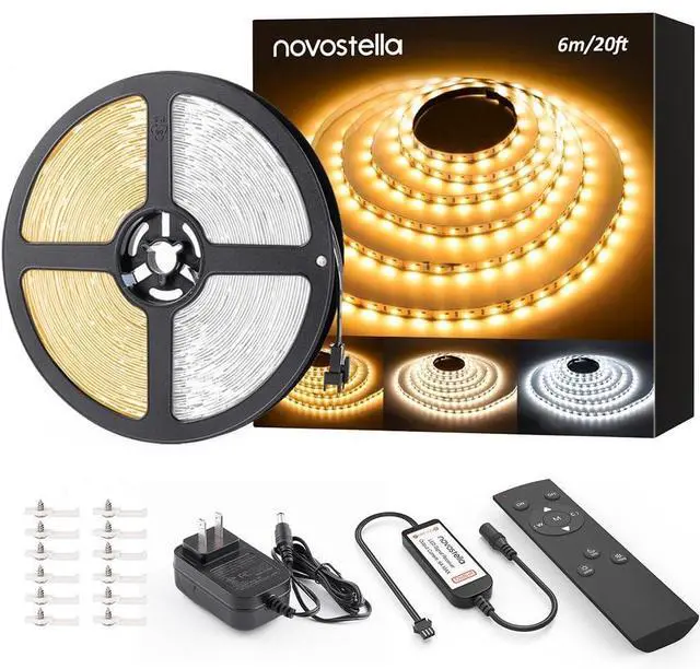 Main image of 20ft Tunable White LED Strip Light kit Dimmable 3000K-6500K 24V LED Tape Light with Remote Flexible Rope LED Ribbon for Bedroom Home Lighting Mirror Kitchen Bar Cabinet Daylight Warm White