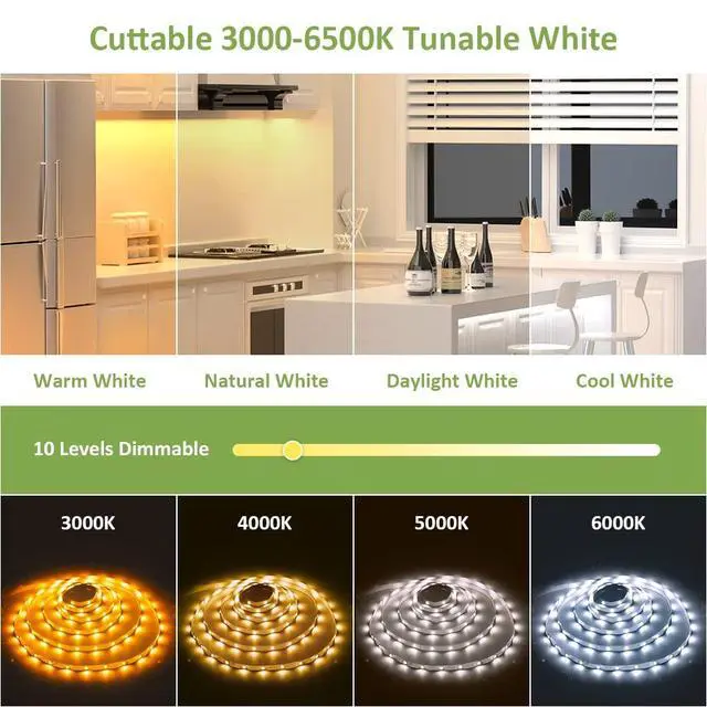 Alt view image 3 of 7 - 20ft Tunable White LED Strip Light kit Dimmable 3000K-6500K 24V LED Tape Light with Remote Flexible Rope LED Ribbon for Bedroom Home Lighting Mirror Kitchen Bar Cabinet Daylight Warm White