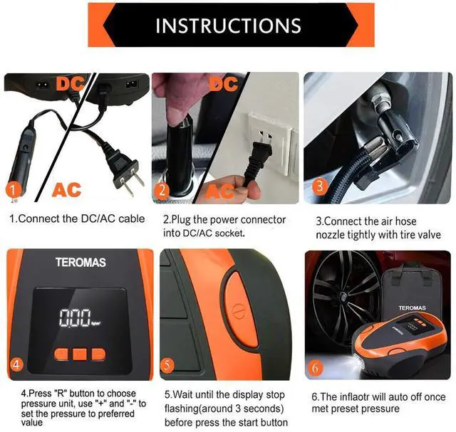 Alt view image 4 of 6 - Tire Inflator Portable Air Compressor, Air Pump DC/AC for Car Tires 12V DC and Other Inflatables at Home 110V AC, Digital Electric Tire Pump with Pressure Gauge(Orange)