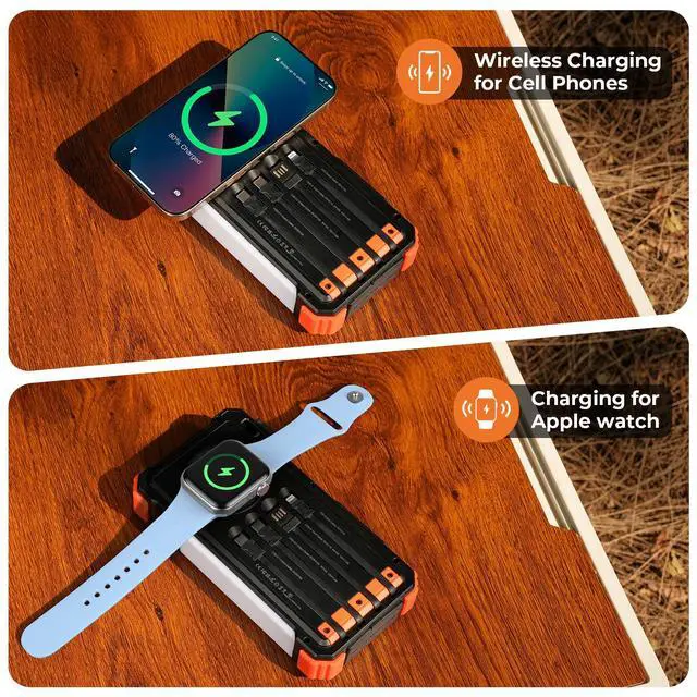 Alt view image 4 of 7 - Solar Power Bank 20000mAh Built-in Cables, Wireless Charger for Phones & Apple Watch, 20W Fast Charging Battery Pack with USB C, Flashlight, Solar Charger for iPhone, iPad, iWatch, Samsung