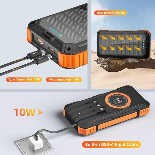 Alt view image 5 of 7 - Solar Charger Power Bank 49800mAh Wireless Portable Phone Charger, 22.5W QC3.0 Fast Charging Built in 4 Cables with USB C 6 Outputs & 2 Inputs for All Cell Phone