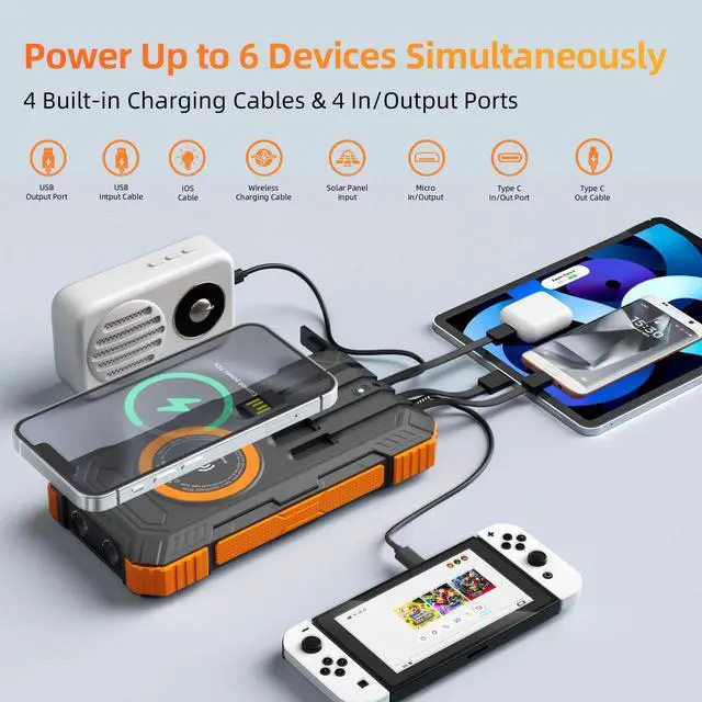 Alt view image 3 of 7 - Solar Charger Power Bank 49800mAh Wireless Portable Phone Charger, 22.5W QC3.0 Fast Charging Built in 4 Cables with USB C 6 Outputs & 2 Inputs for All Cell Phone
