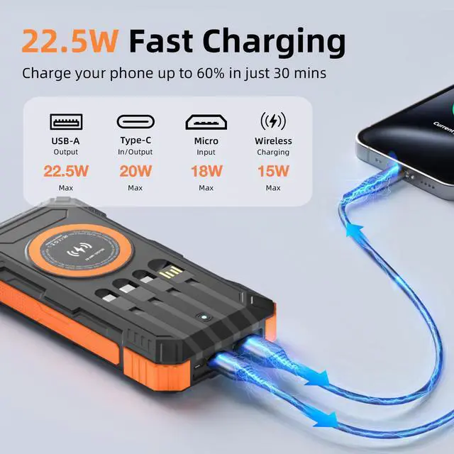 Alt view image 2 of 7 - Solar Charger Power Bank 49800mAh Wireless Portable Phone Charger, 22.5W QC3.0 Fast Charging Built in 4 Cables with USB C 6 Outputs & 2 Inputs for All Cell Phone