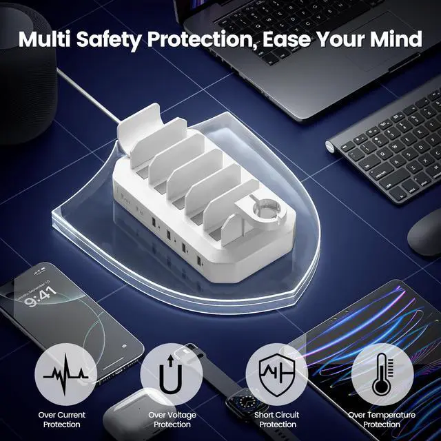 Alt view image 4 of 7 - 95W Fast Charging Station for Multiple DevicesUL & FCC Tested Safer Charging 6-Port USB Charging Dock with 2 PD-Port, Compatible with iPhone/Android/MacBook/iPad/Tablet/Kindle(8 Cables Included)