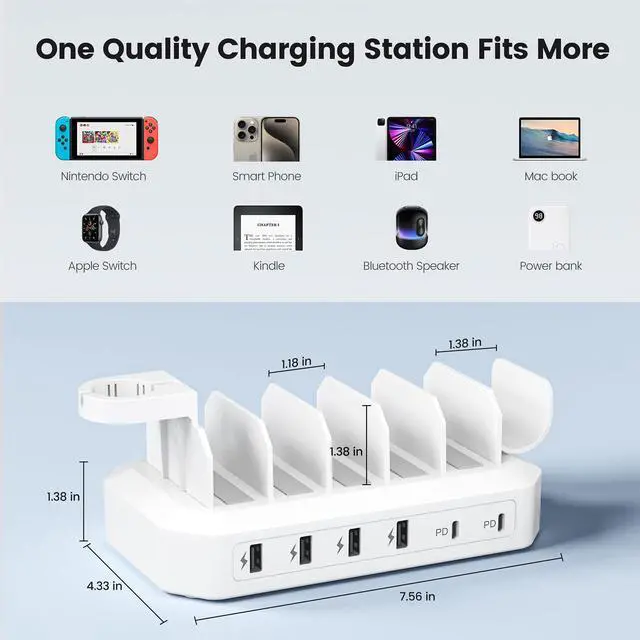 Alt view image 6 of 7 - 95W Fast Charging Station for Multiple DevicesUL & FCC Tested Safer Charging 6-Port USB Charging Dock with 2 PD-Port, Compatible with iPhone/Android/MacBook/iPad/Tablet/Kindle(8 Cables Included)
