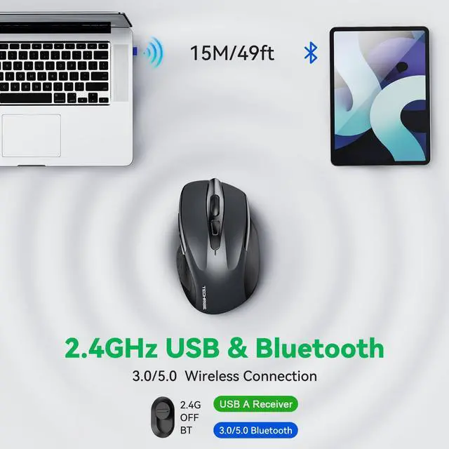Alt view image 2 of 7 - Bluetooth Mouse (BT5.0/3.0 & 2.4G) Rechargeable Wireless Mouse, 4800 DPI Optical Tracking, 6 Adjustable DPI, 2.4GHz with USB A Receiver, Quiet Clicks, Ergonomic Grips, 6 Buttons - Grey
