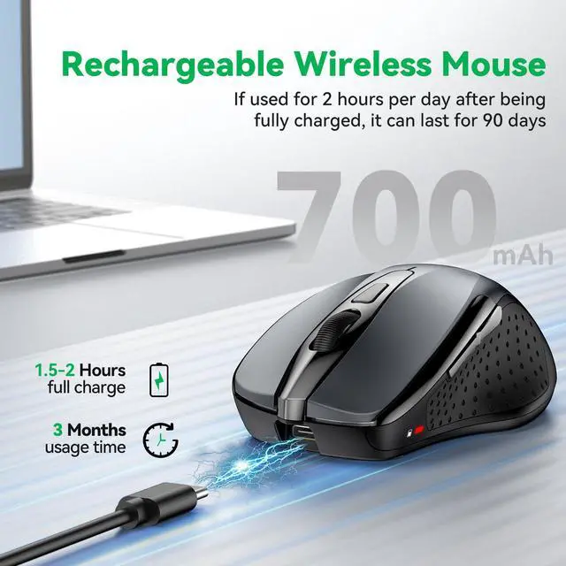 Alt view image 3 of 7 - Bluetooth Mouse (BT5.0/3.0 & 2.4G) Rechargeable Wireless Mouse, 4800 DPI Optical Tracking, 6 Adjustable DPI, 2.4GHz with USB A Receiver, Quiet Clicks, Ergonomic Grips, 6 Buttons - Grey